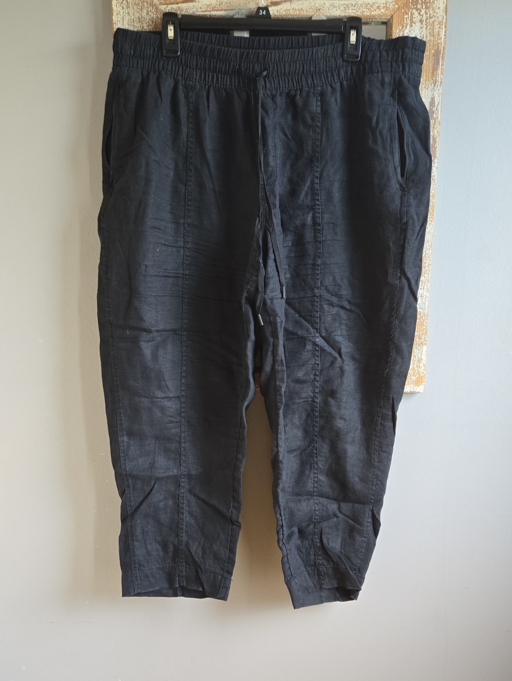 Athleta Womens Black Elastic Waist Barrel Leg Linen Blend Pants. LP